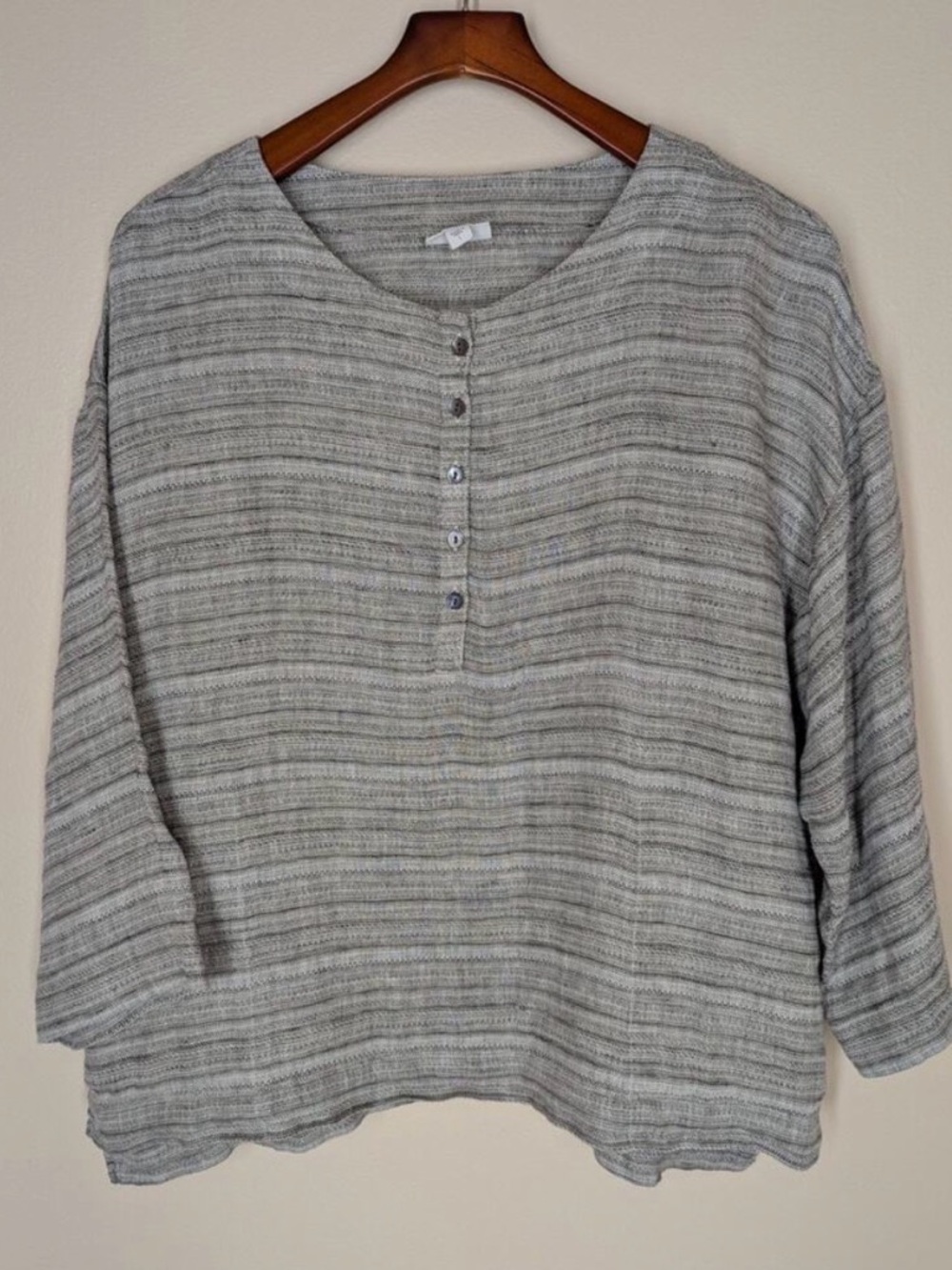 J. Jill Light Gray Striped Button-Front Linen Blend Blouse